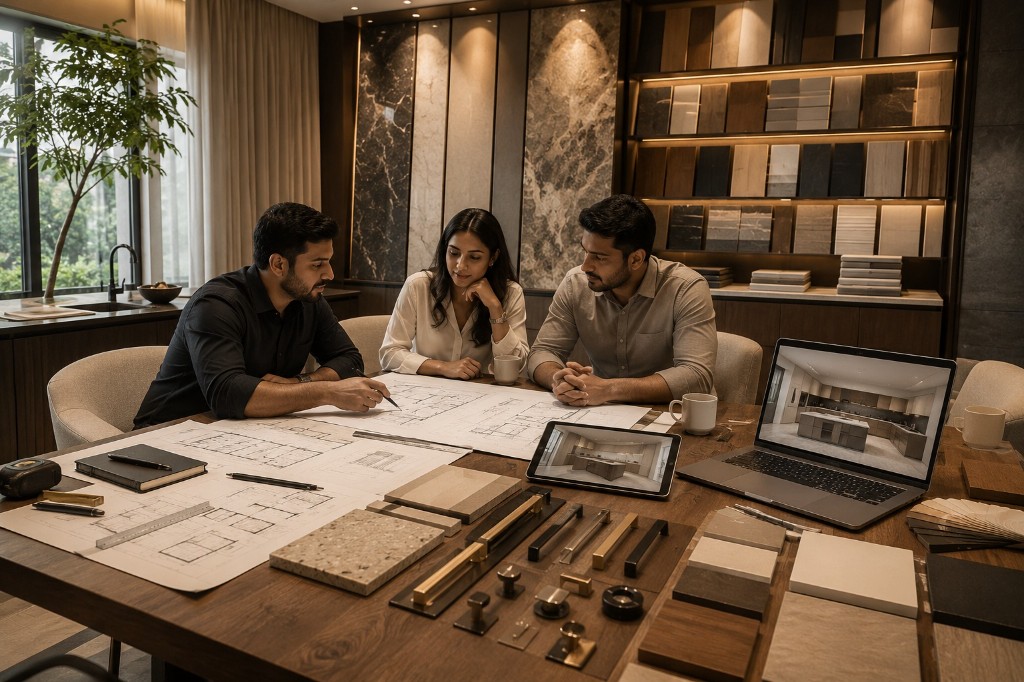 Cuore design team collaborating over plans, material samples, and kitchen renderings