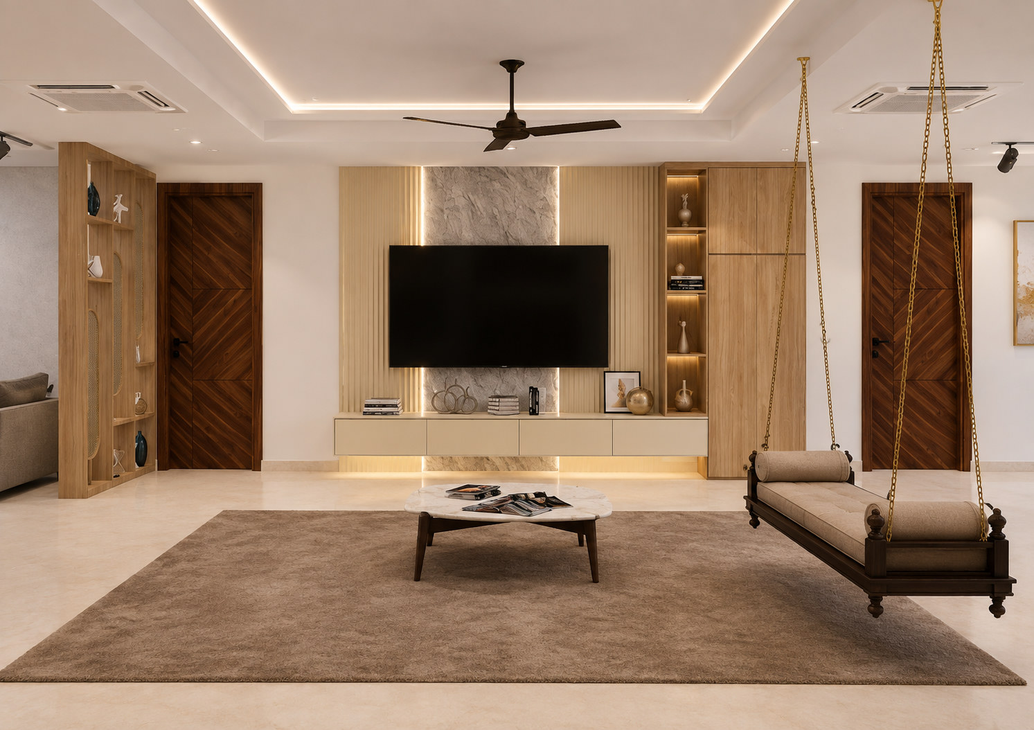 Living room with media wall and wooden swing