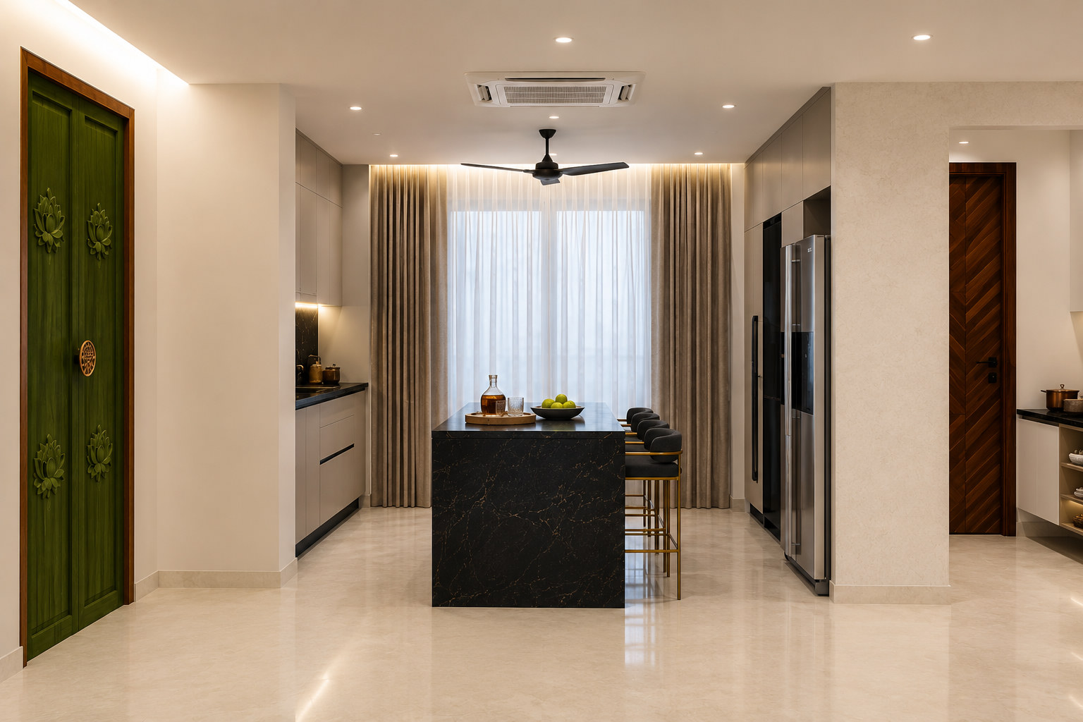 Kitchen with black island and green carved door