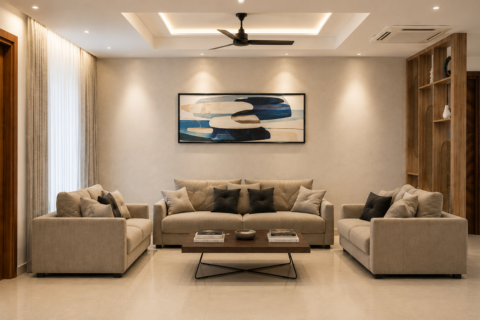 Living room with three beige sofas