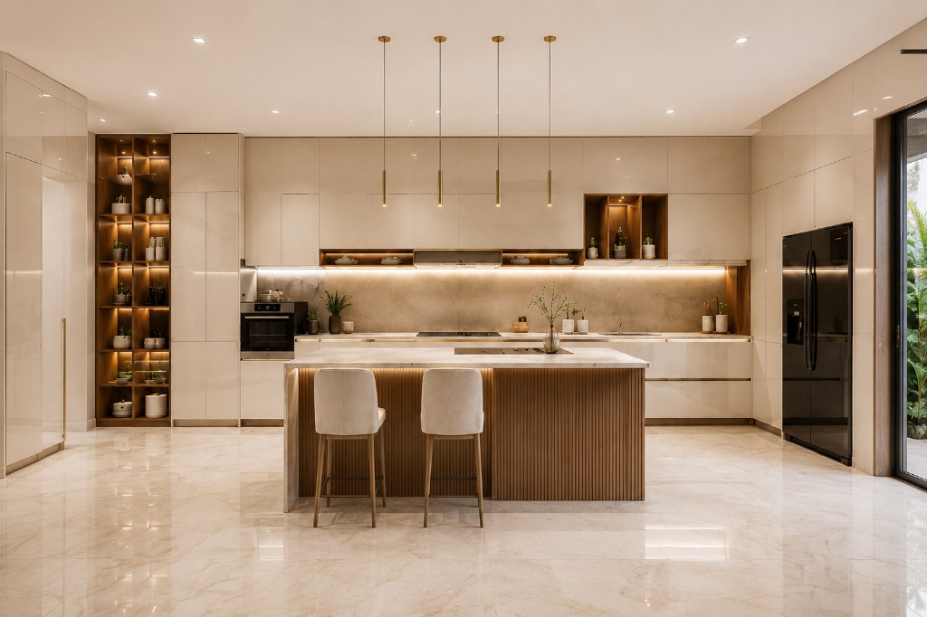 Cream wood acrylic kitchen