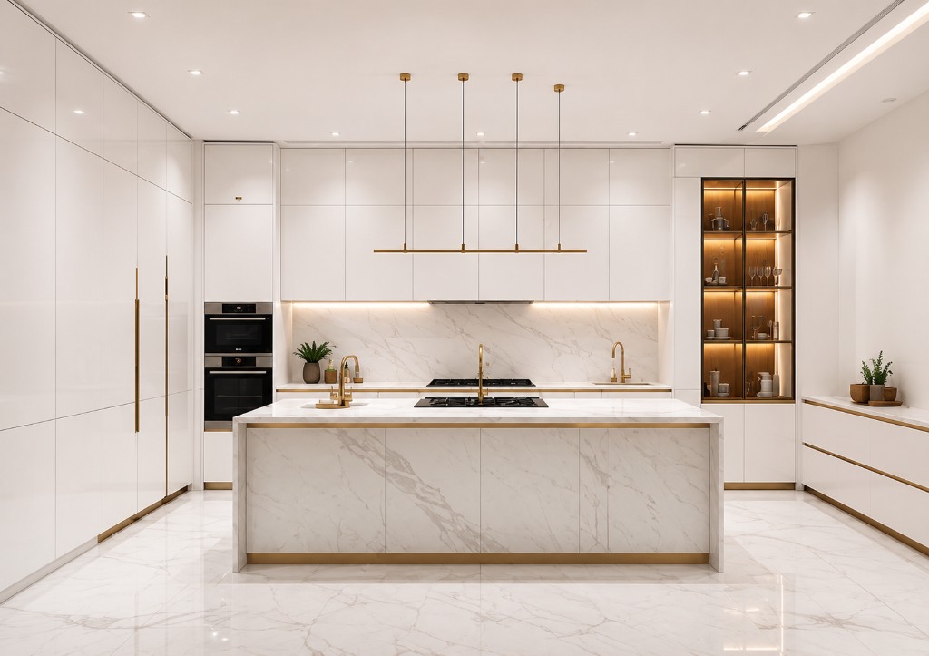White marble gold acrylic kitchen