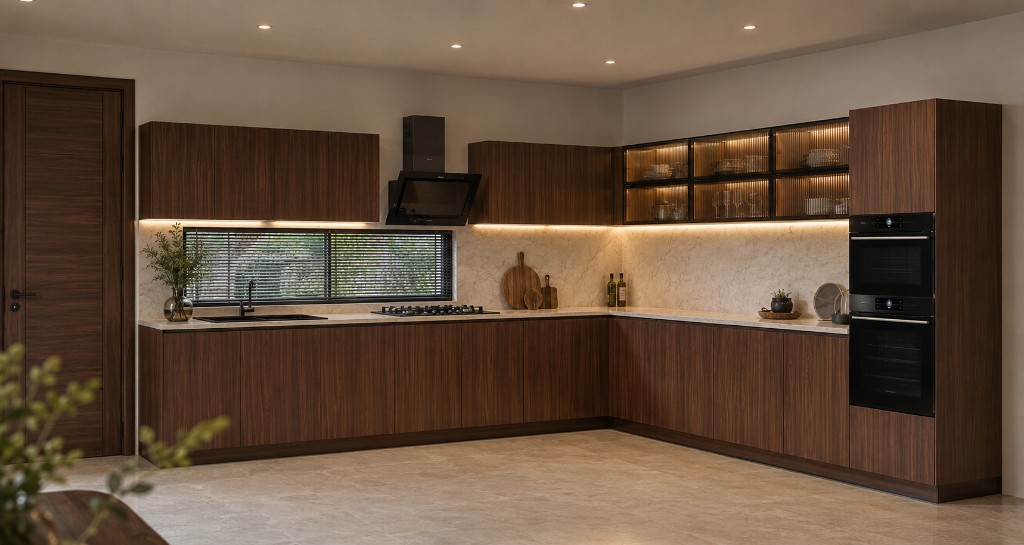 Dark wood L-shaped modern kitchen