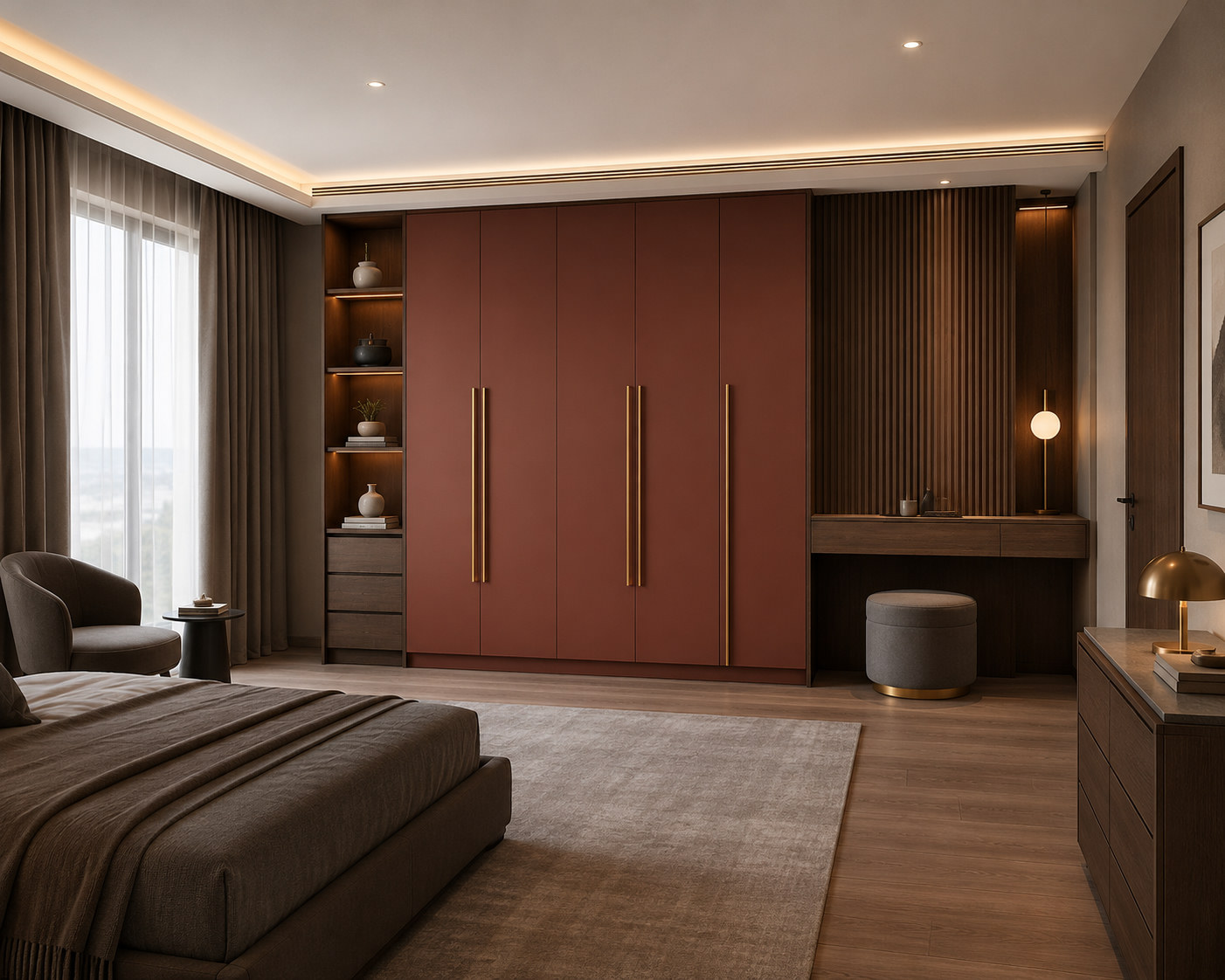 Terracotta Technomatt wardrobe with gold handles