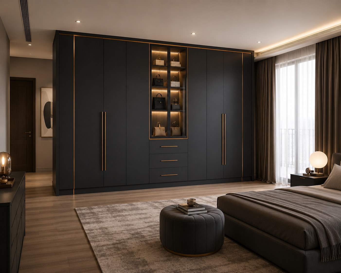 Charcoal Technomatt wardrobe with gold lines