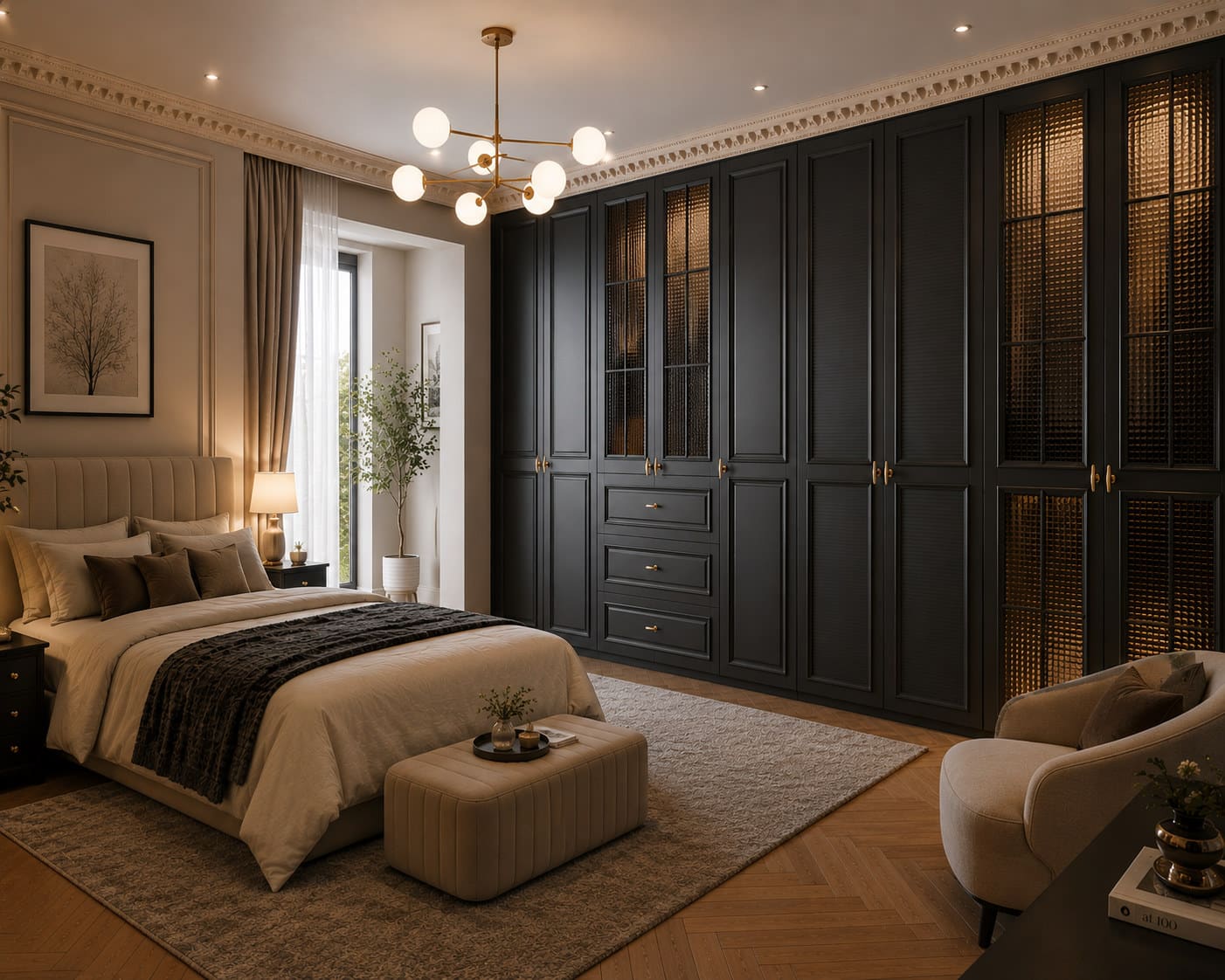 Charcoal PU wardrobe with reeded glass