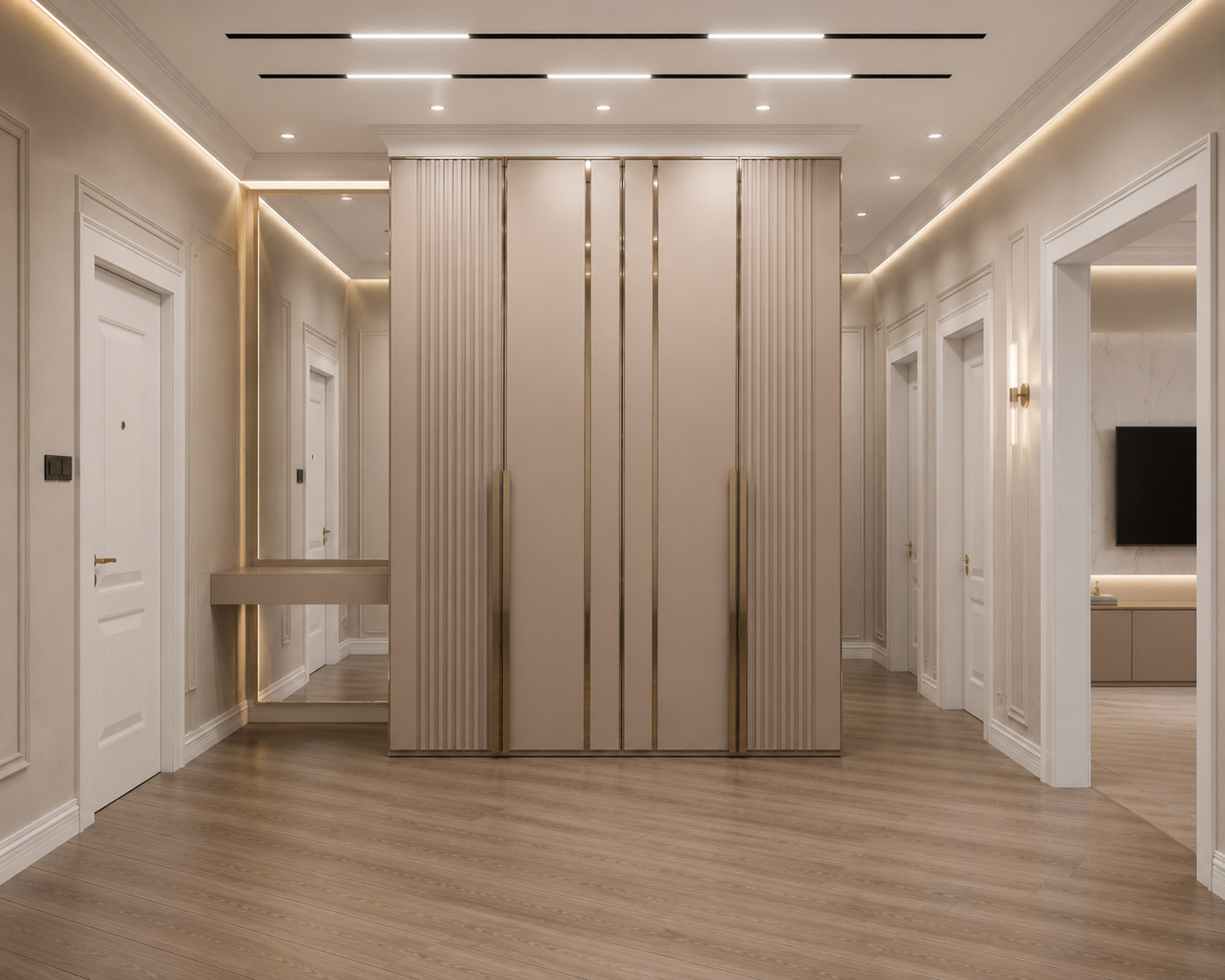 Champagne fluted PU wardrobe with gold lines